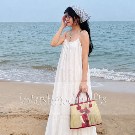 Handcrafted Seagrass Tote Bag Featuring an Elegant Lady Painting.