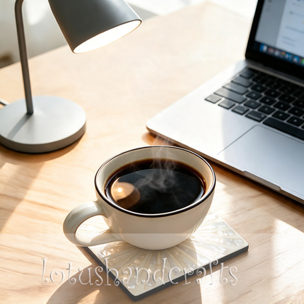 A coordinated set of six square shell coasters with a matching holder, perfect for coffee mugs, teacups, and entertaining.