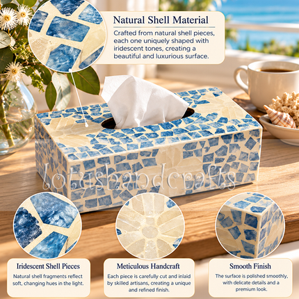 Premium handcrafted seashell tissue storage box showcasing unique blue lily details for modern home aesthetics.