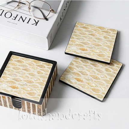 A coordinated set of six square coasters with a matching holder, showcasing intricate leaf mosaics and contrasting striped shell details.