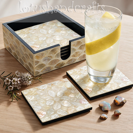 An elegant mother of pearl coaster set for housewarmings, weddings, anniversaries, and birthdays, perfect for anyone who appreciates natural textures and timeless home decor.