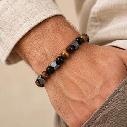 Tiger’s Eye, Black Agate & Hematite Natural Stone Bracelet approx 18–18.5 cm