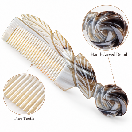 Natural Horn Comb with Rose Floral Design – XL 20cm | COH192