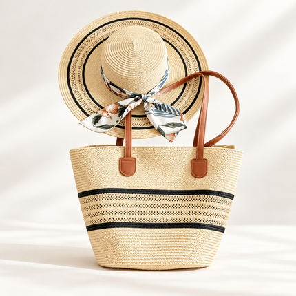 Lace-Trimmed Straw Hat & Tote Bag Set