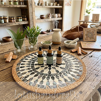 Round Mother of Pearl Teardrop Mosaic Rattan Charger Plate & chager plate .