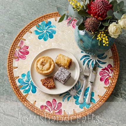  Round Mother of Pearl Blue & Pink Floral Mosaic Rattan Placemat & Charger Plate 35cm by Lotushandcrafts.
