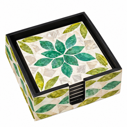 symmetrical emerald lotus inlay mother-of-pearl coaster top view.