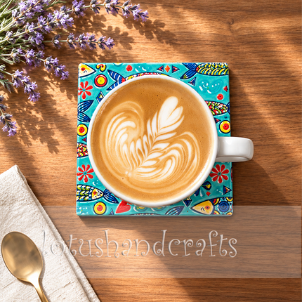 This charming fish-patterned coaster brings creativity and a playful splash of colour to any space.