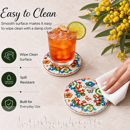 A practical ceramic coaster designed to absorb drink condensation and help keep your tabletop dry.