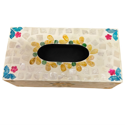 Close-up view of the handmade Pink Blue Flower Mother of Pearl Mosaic Tissue Box, showcasing its vibrant floral motif and luminous pearlescent shell finish.