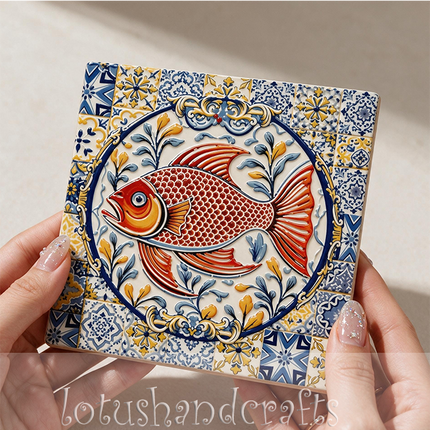 Square ceramic coaster with an intricate blue-and-white geometric border, symmetrical floral medallions, and golden decorative motifs inspired by traditional tile art.