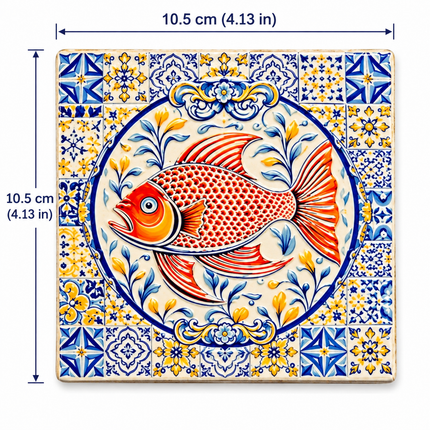 Decorative ceramic coaster featuring a vibrant golden tilefish and intricate ornamental patterns, ideal for coffee cups, tea mugs, and drinking glasses.