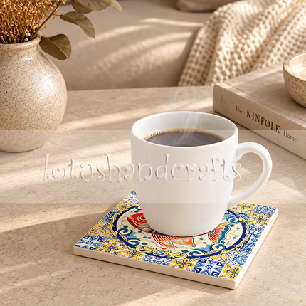 Featuring distinctive fish artwork and intricate patterns, this square coaster complements coastal, nautical, vintage and eclectic interiors, making it a lovely accent for coffee tables and desks.