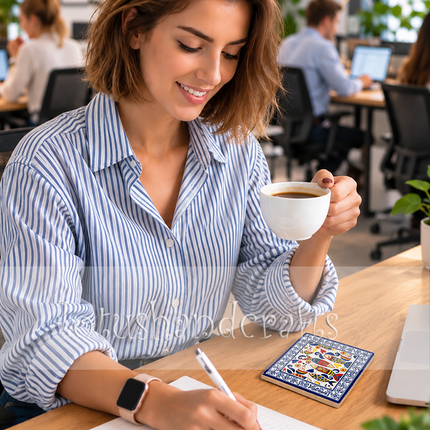 Artistic fish-pattern ceramic coaster combining vibrant sardines, golden circular accents, red hearts, and flowing blue waves for a cheerful coastal aesthetic.