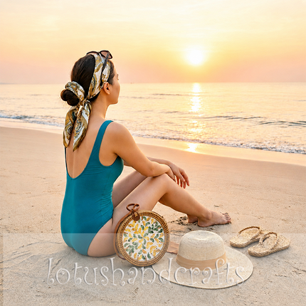 Unique round rattan crossbody bag with green and yellow mother of pearl leaf inlay.
