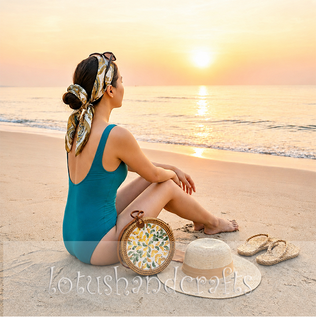 Unique round rattan crossbody bag with green and yellow mother of pearl leaf inlay.