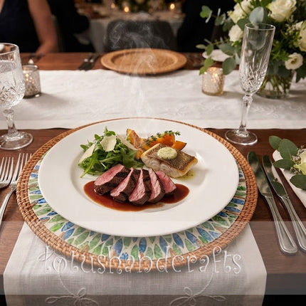 Round mother of pearl rattan blue green botanical leaf burst placemat.