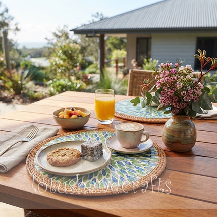 Blue green botanical leaf burst mother of pearl rattan round placemat.
