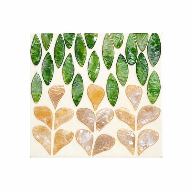 green leaf shell mosaic coaster set — 6 pieces + holder, easy-clean mother of pearl decor.