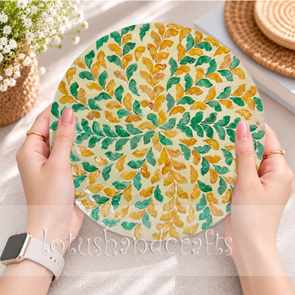 Handcrafted Mother of Pearl Green & Gold Leaf Round Placemat.