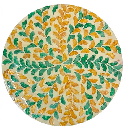 Handcrafted Mother of Pearl Green & Gold Leaf Round Placemat by Lotushandcrafts.
