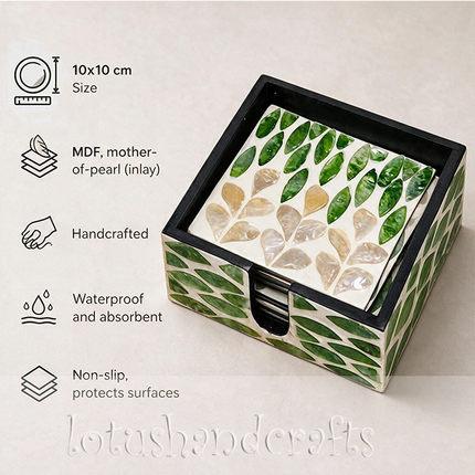 emerald leaf shell coasters-shimmering inlay, durable, elegant table decor.
