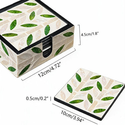 Elegant table decor coaster with lush green leaf pattern, expertly inlaid with natural sea shell.