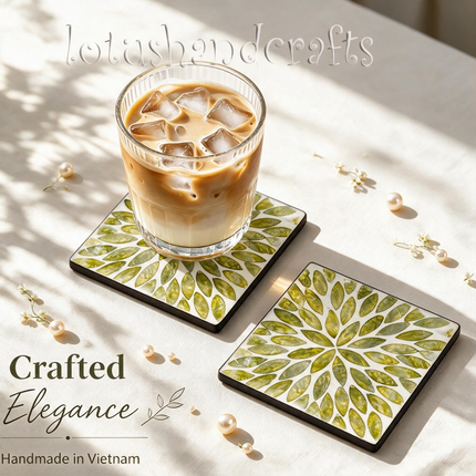 genuine mother of pearl coaster set refined leaf motif complete with display holder.