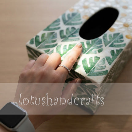 Transform your space with a handcrafted Green Leaf Mosaic & Golden Flower Mother of Pearl Napkin Holder.