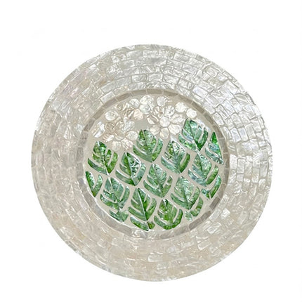Handcraft Green Monstera Leaf & White Floral Mother of Pearl Mosaic Decorative Plate by Lotushandcrafts.