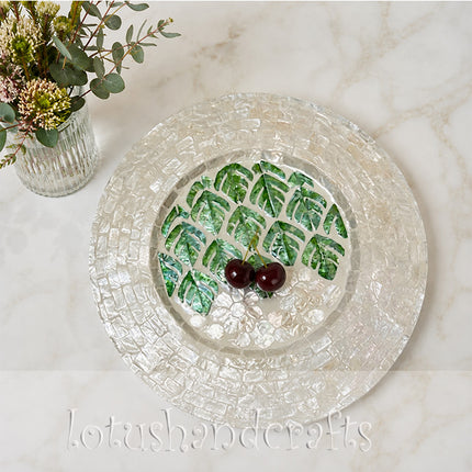 Mother of Pearl Green Monstera Leaf & White Floral  Mosaic Decorative Plate by Lotushandcrafts.