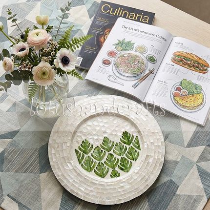 Mother of Pearl Green Monstera Leaf & White Floral  Mosaic Decorative Plate.