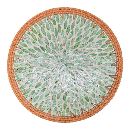 Handmade rattan placemat with shimmering green mother of pearl leaf inlay by Lotushandcraft.
