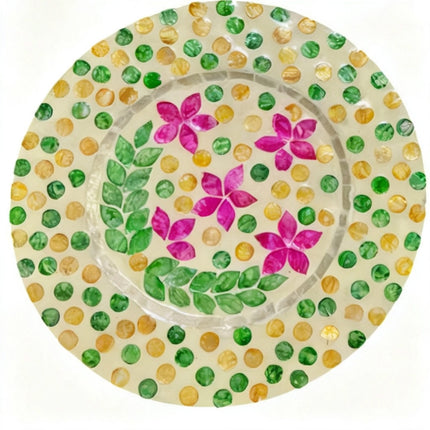 Mother of Pearl Round Green Yellow Purple Floral Charger Plate by Lotushandcrafts. 