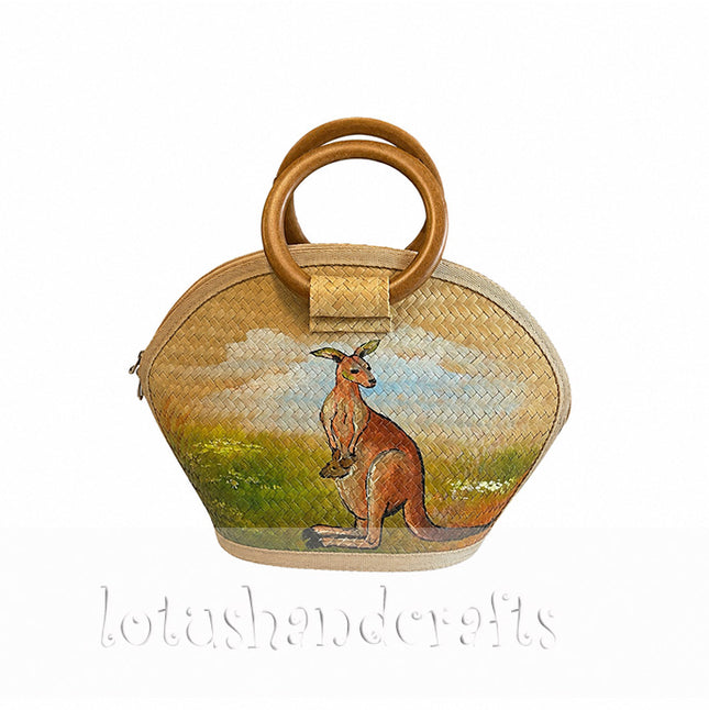 Cute half moon seagrass tote bag with hand painted kangaroo.
