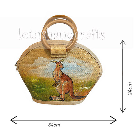 Half moon seagrass tote bag with hand painted kangaroo.