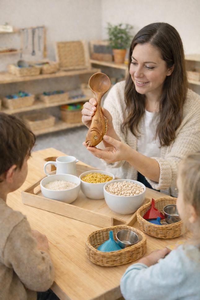 Cute hand carved wooden fish spoon used in Montessori school activities, supporting natural learning and sensory development for young children.