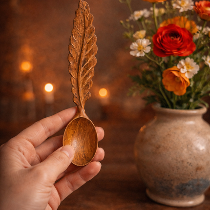 Hand carved leaf shaped wooden spoon is a beautiful handmade gift perfect for kitchen decor and meaningful occasions.