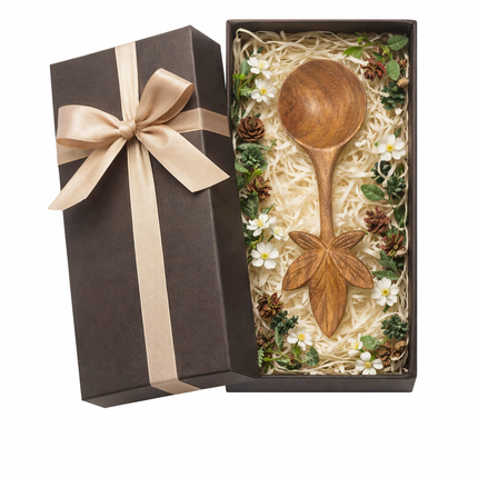 Hand carved leaf wooden spoon makes a beautiful gift for cooking lovers and rustic kitchen decor.