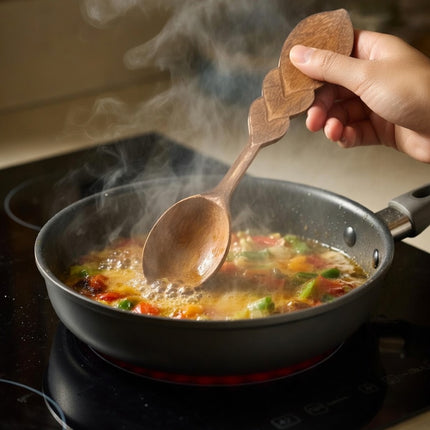 Wooden spoon hand carved leaf handle offers practical convenience and natural beauty for everyday cooking and serving needs.