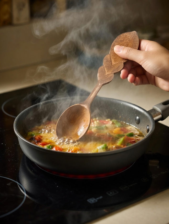 Wooden spoon hand carved leaf handle offers practical convenience and natural beauty for everyday cooking and serving needs.