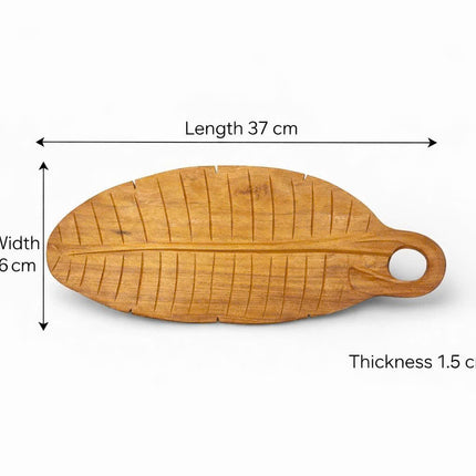 Handcarved wood leaf shape serving tray with practical size for everyday use.
