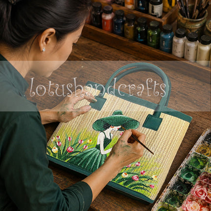 Handmade woven seagrass tote bag with a hand painted elegant green lady.