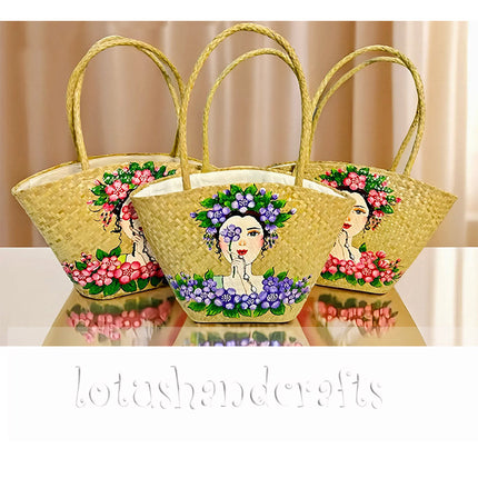 Hand painted floral lady straw tote bag with romantic blossom design.