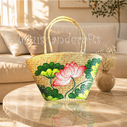 Handmade Seagrass Tote Bag with Hand-Painted Lotus Flower.