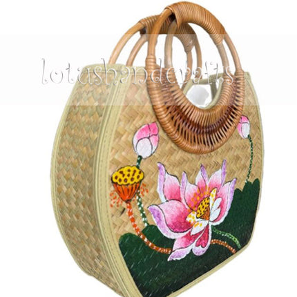 Lotus Blossom Hand-Painted Bamboo Handle Bag.