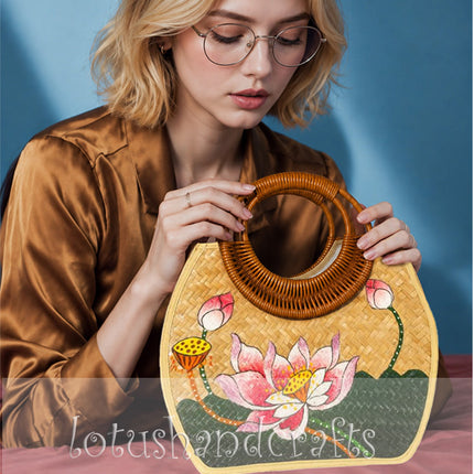 Blooming Lotus Hand-Painted Woven Rattan Bag.
