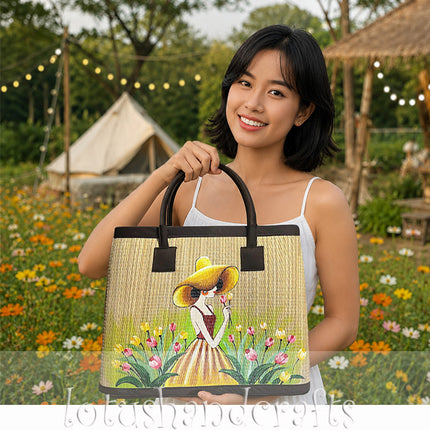 Handwoven seagrass tote bag with a hand painted girl in a tulip garden for a youthful and elegant look.
