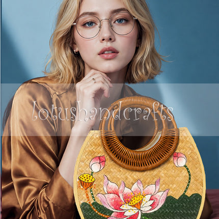 Hand-Painted Lotus Floral Woven Straw Bag.