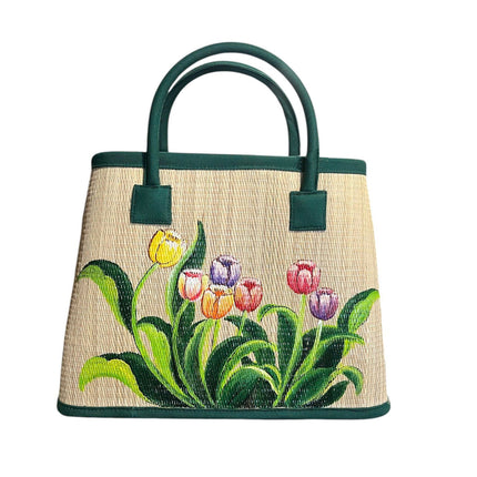 Handwoven seagrass tote bag with cute hand painted tulip artwork.
